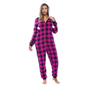 Just Love Buffalo Plaid Adult Onesie Sherpa Lined Hoody One Piece Pajamas (Fuchsia Buffalo Plaid, X-Small)
